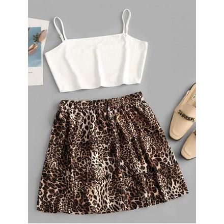 Contrast Cropped Leopard Two Piece Dress