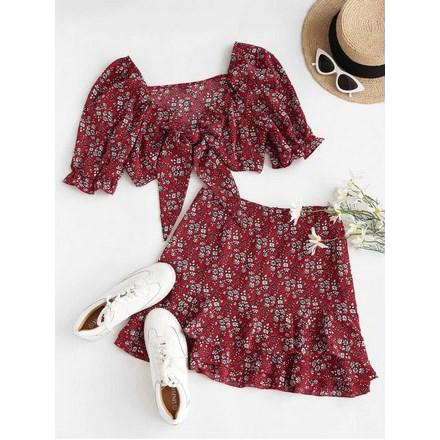 Ditsy Floral Puff Sleeve Layered Ruffles Two Piece Dress